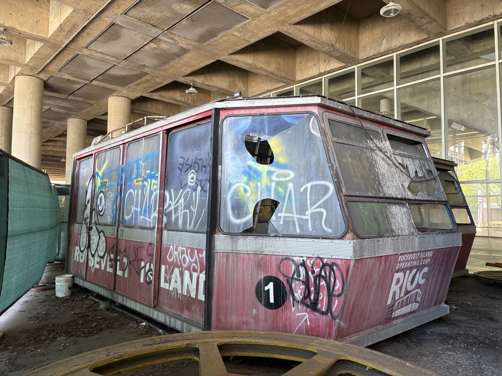 Original Roosevelt Island Tram cabin sitting beneath the Motorgate Helix